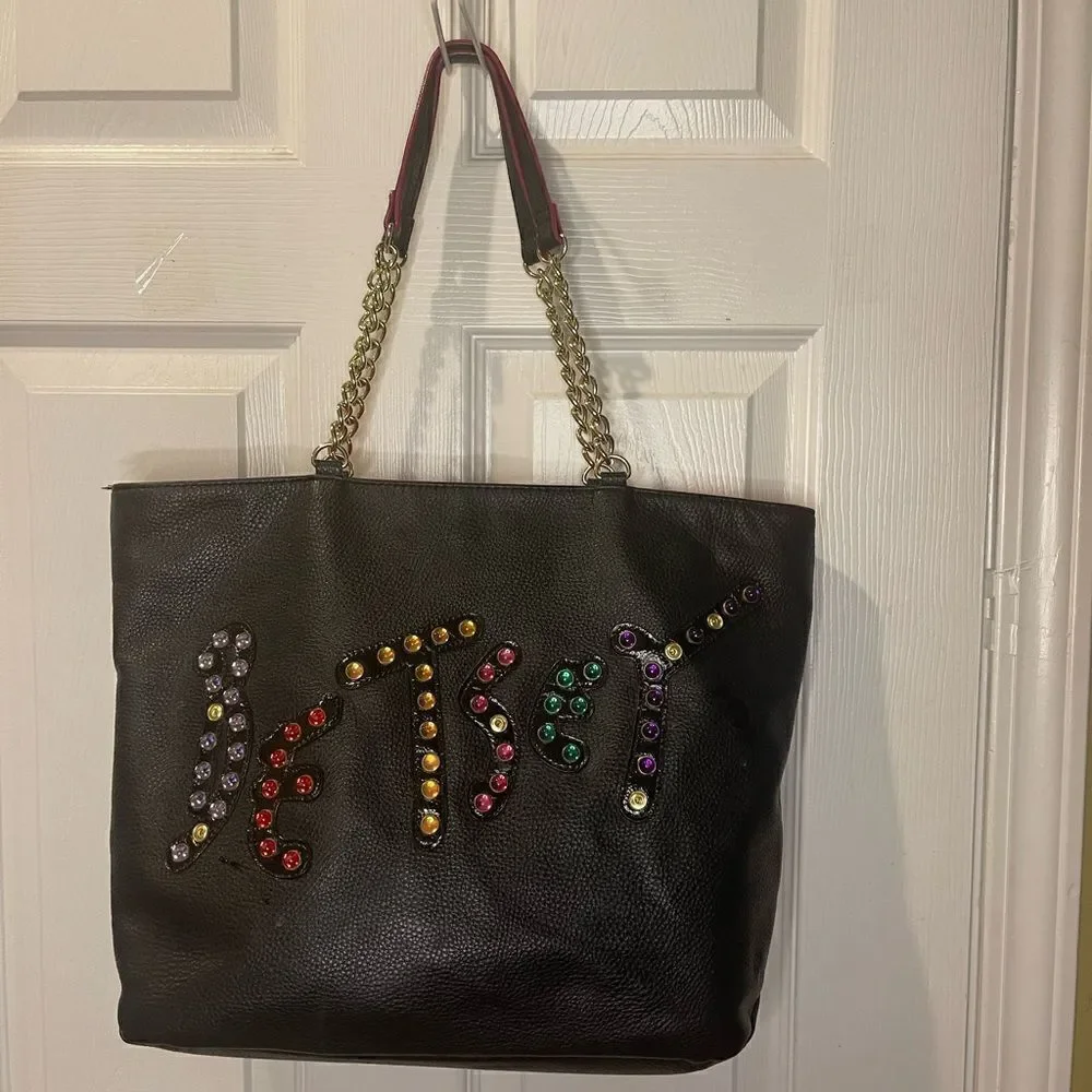 Betsey Johnson jewels large black synthetic leather tote gold tone chain straps